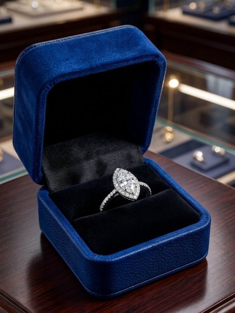 1 Ct. Moissanite Round Cut Marquise Halo Sterling Silver Rhodium Ring